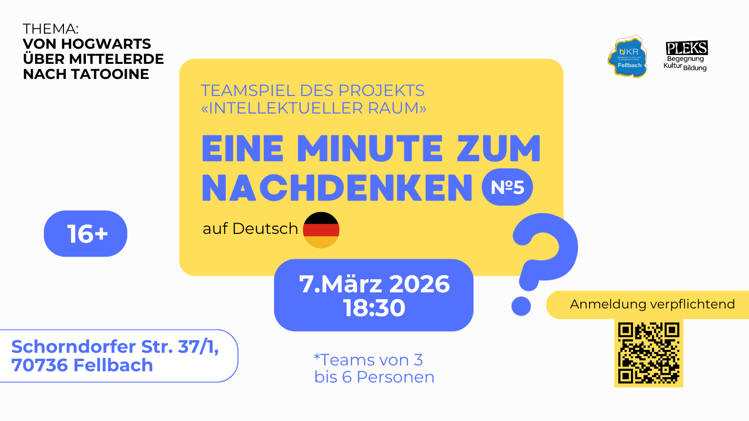 Deutsches Teamspiel „Eine Minute zum Nachdenken“ am 7. März 2026 um 18:30 Uhr in Fellbach